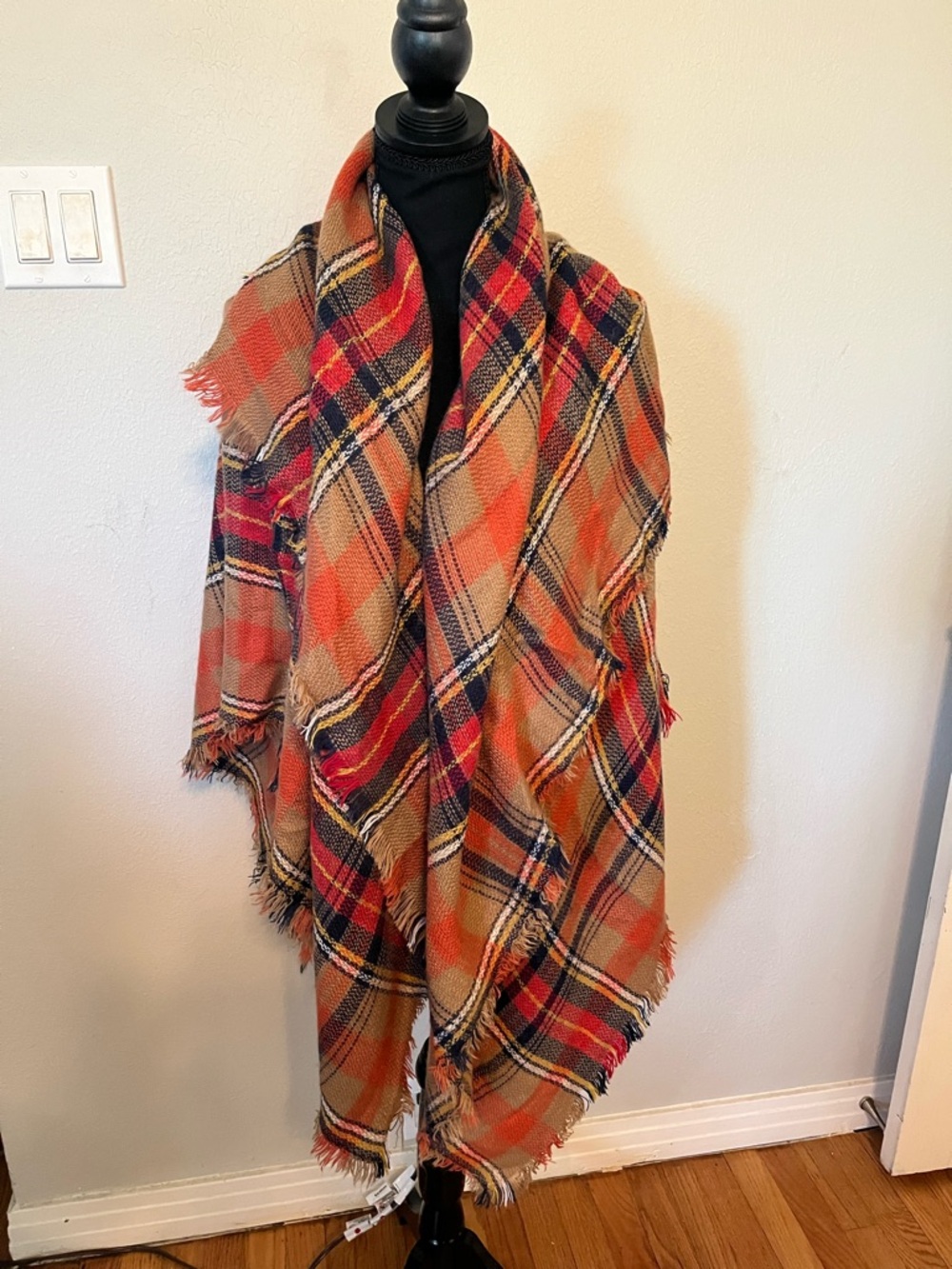 Plaid Orange Red Fringe Wrap Scarf - Women Accessories